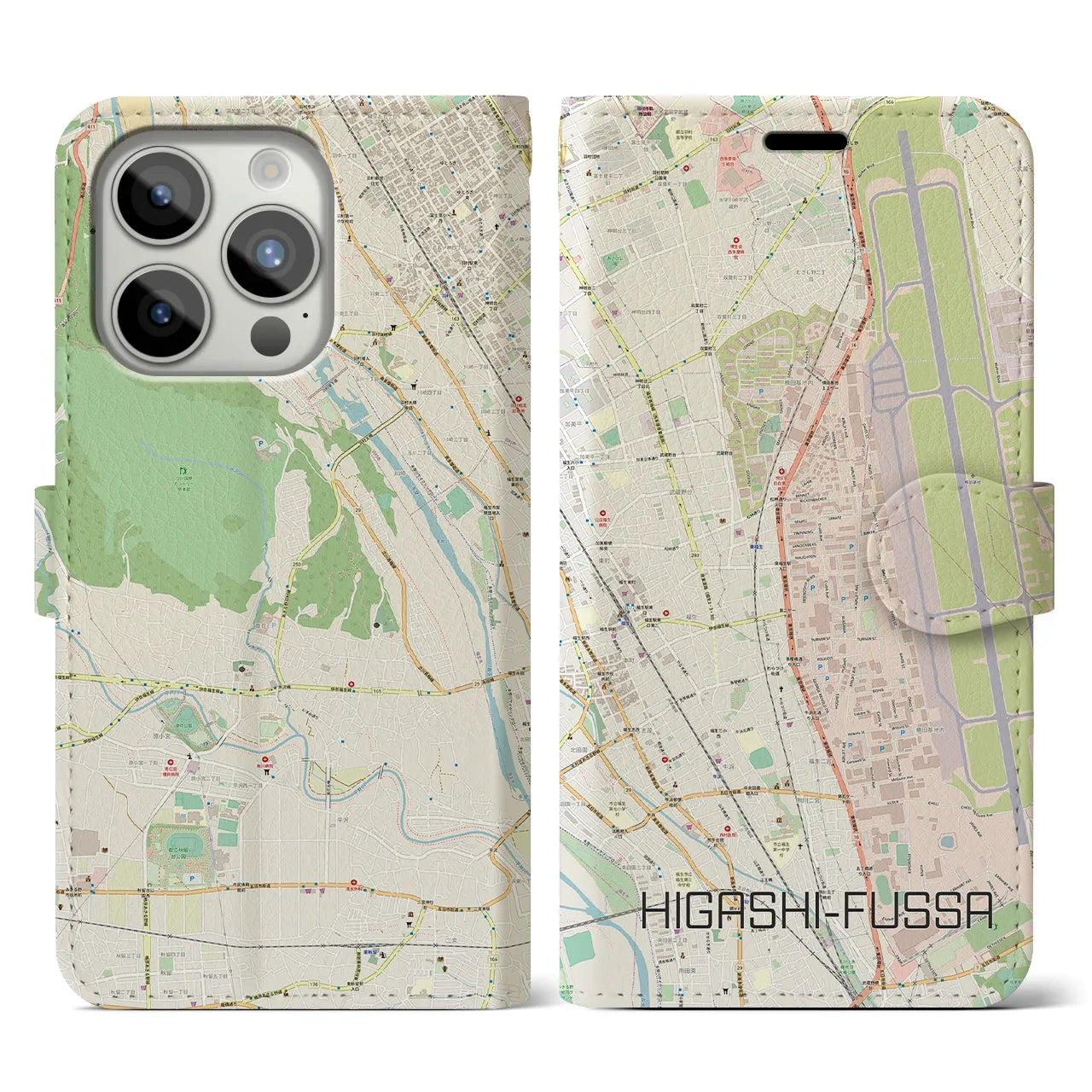 【東福生】地図柄iPhoneケース（手帳両面タイプ・ナチュラル）iPhone 15 Pro 用