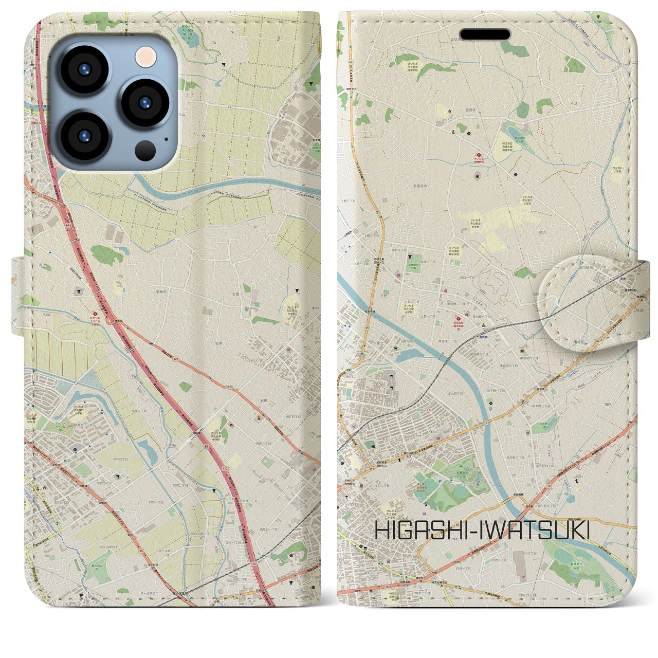 【東岩槻】地図柄iPhoneケース（手帳両面タイプ・ナチュラル）iPhone 13 Pro Max 用