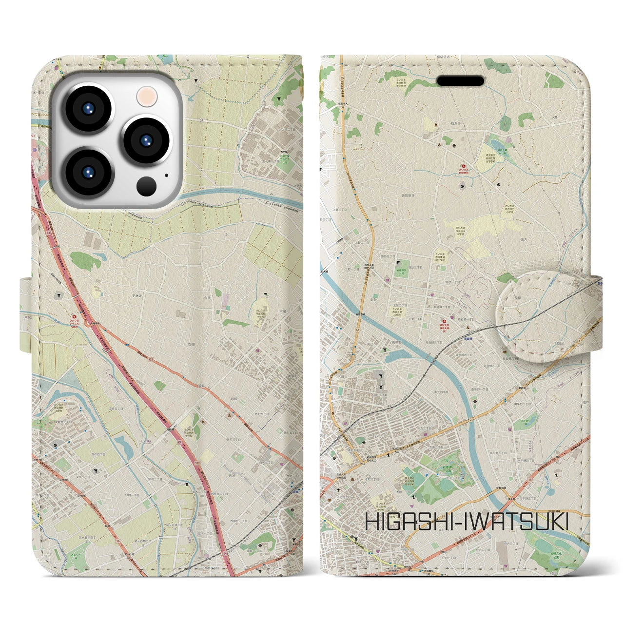 【東岩槻】地図柄iPhoneケース（手帳両面タイプ・ナチュラル）iPhone 13 Pro 用