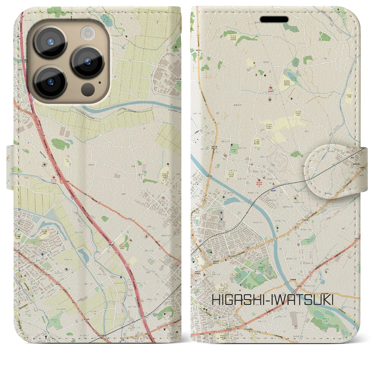 【東岩槻】地図柄iPhoneケース（手帳両面タイプ・ナチュラル）iPhone 14 Pro Max 用