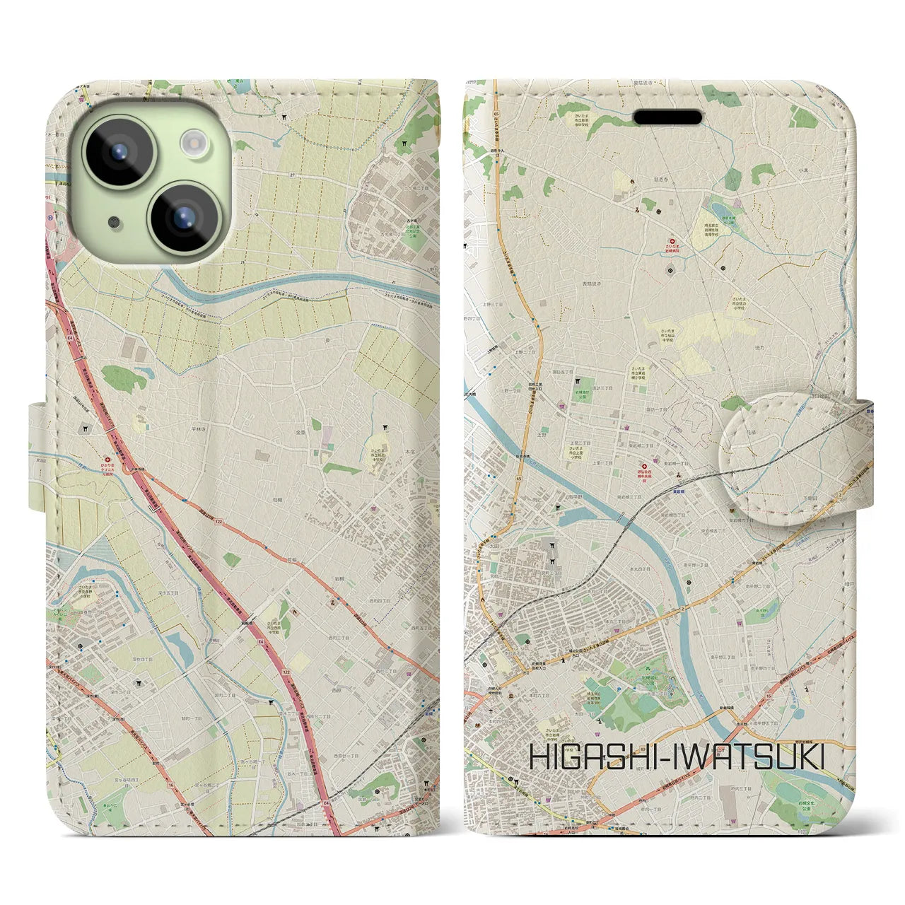 【東岩槻】地図柄iPhoneケース（手帳両面タイプ・ナチュラル）iPhone 15 用