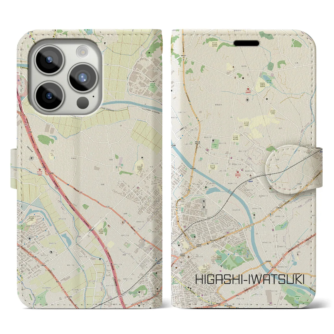 【東岩槻】地図柄iPhoneケース（手帳両面タイプ・ナチュラル）iPhone 15 Pro 用