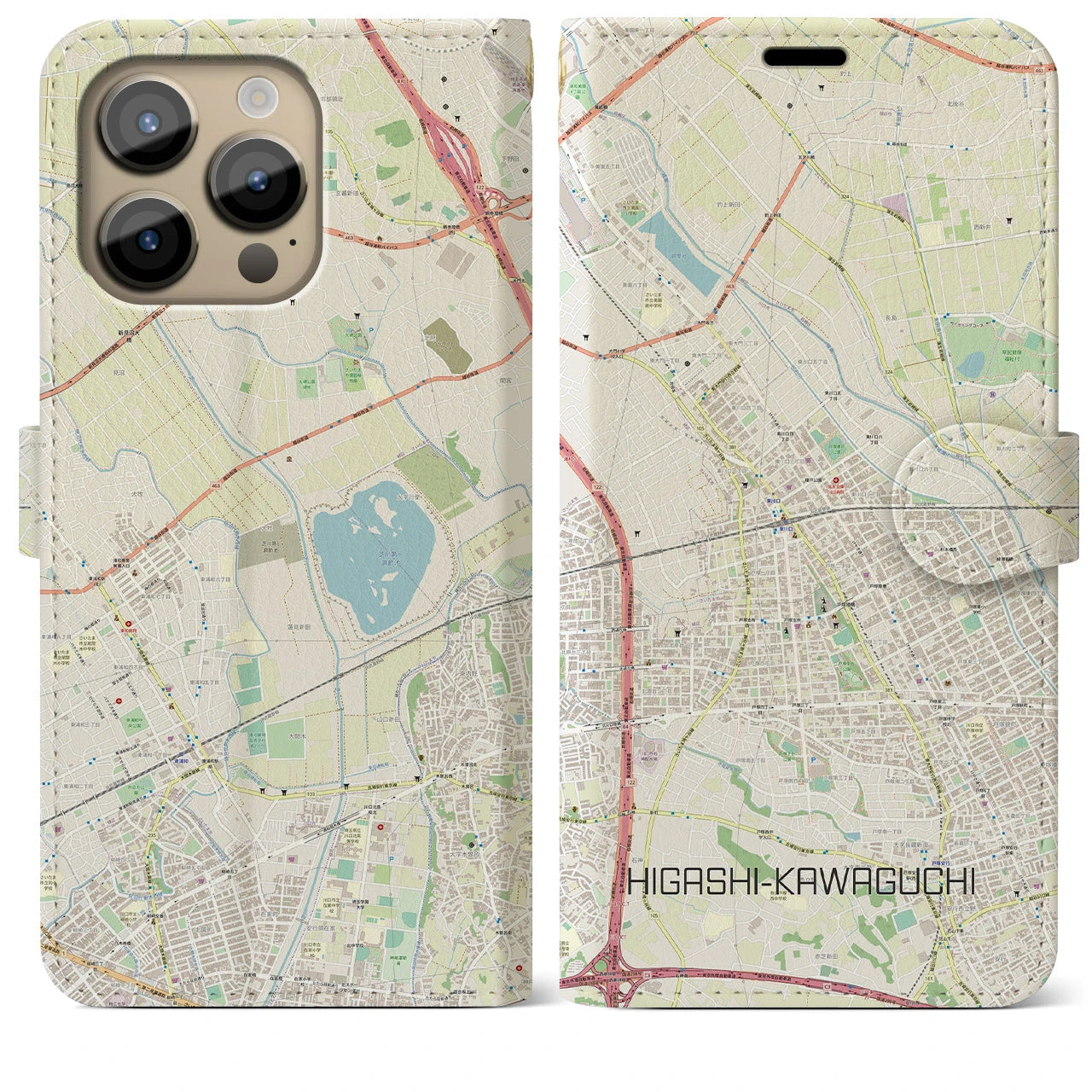 【東川口】地図柄iPhoneケース（手帳両面タイプ・ナチュラル）iPhone 14 Pro Max 用