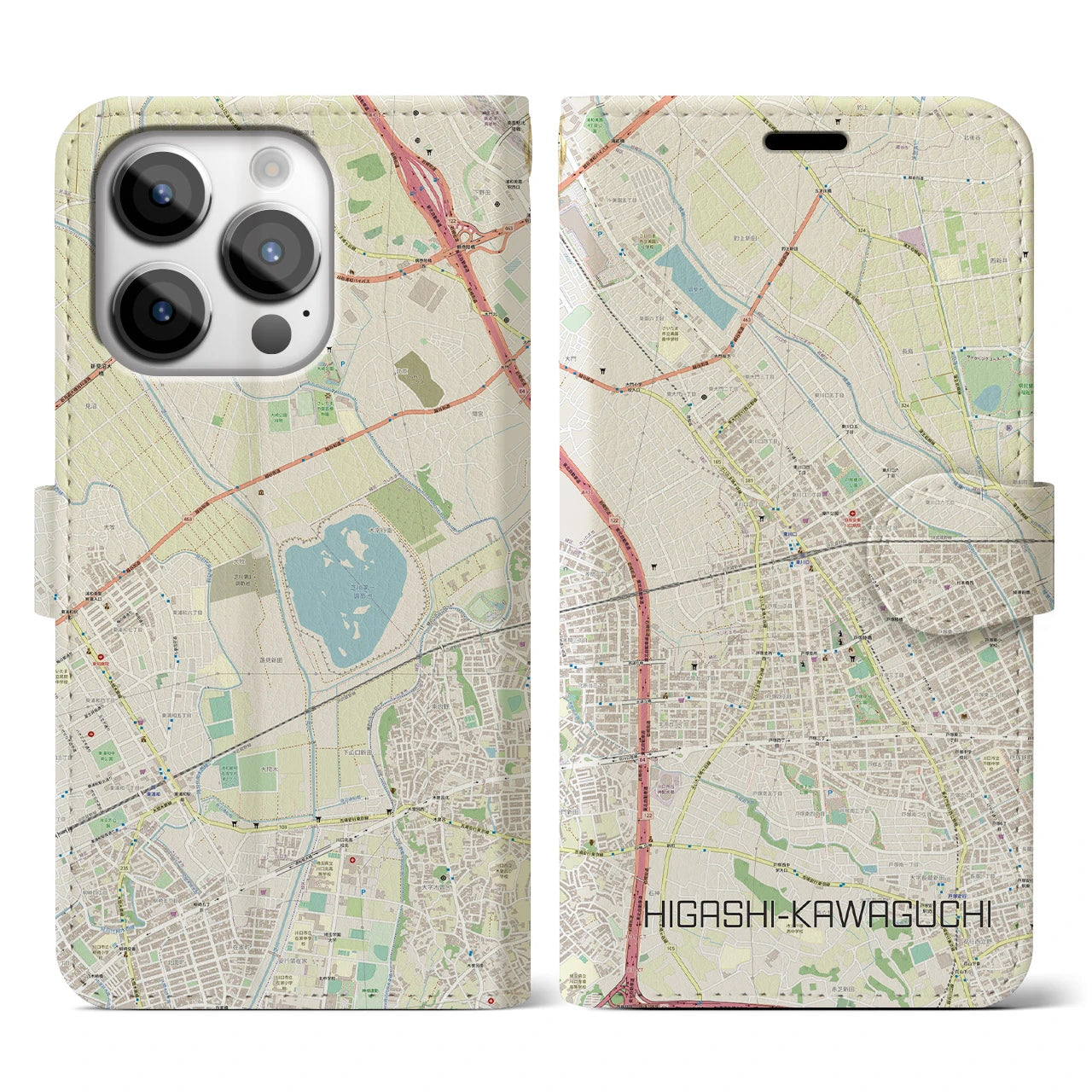 【東川口】地図柄iPhoneケース（手帳両面タイプ・ナチュラル）iPhone 14 Pro 用