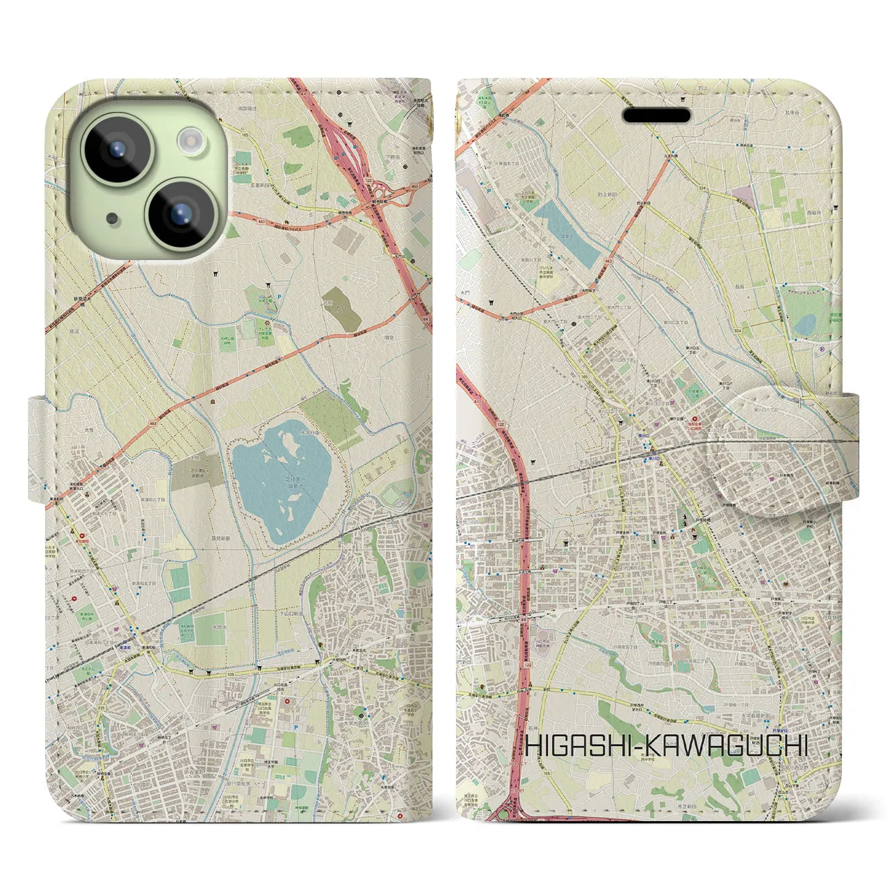 【東川口】地図柄iPhoneケース（手帳両面タイプ・ナチュラル）iPhone 15 用