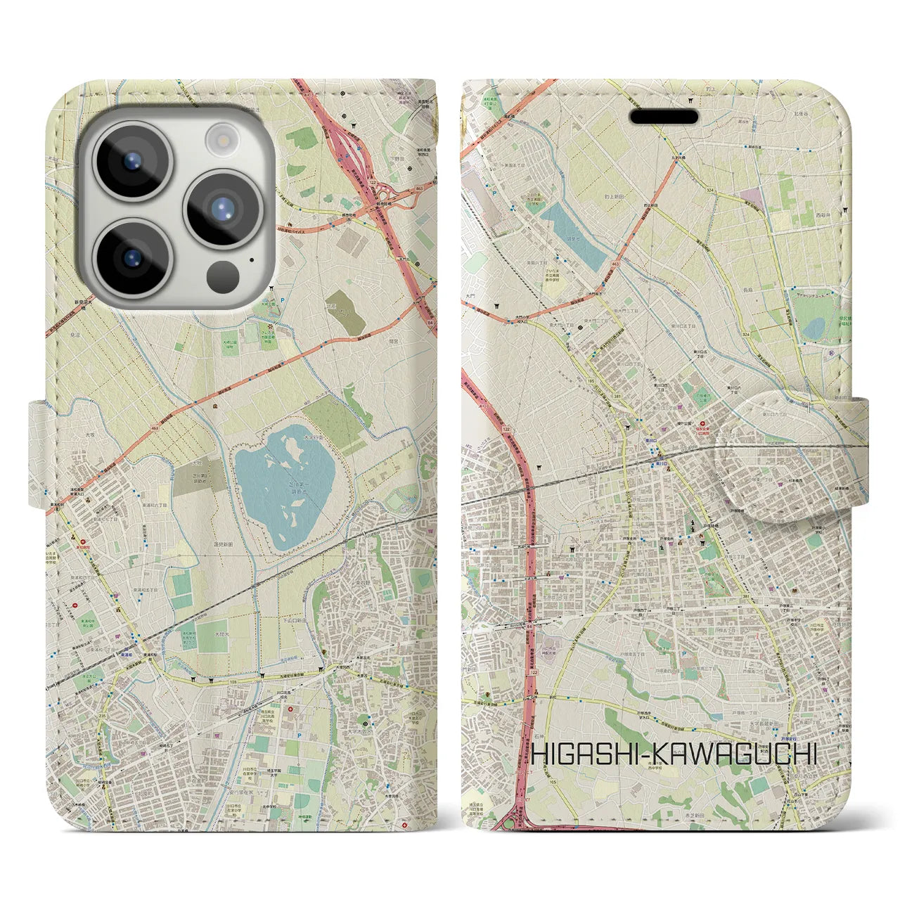 【東川口】地図柄iPhoneケース（手帳両面タイプ・ナチュラル）iPhone 15 Pro 用