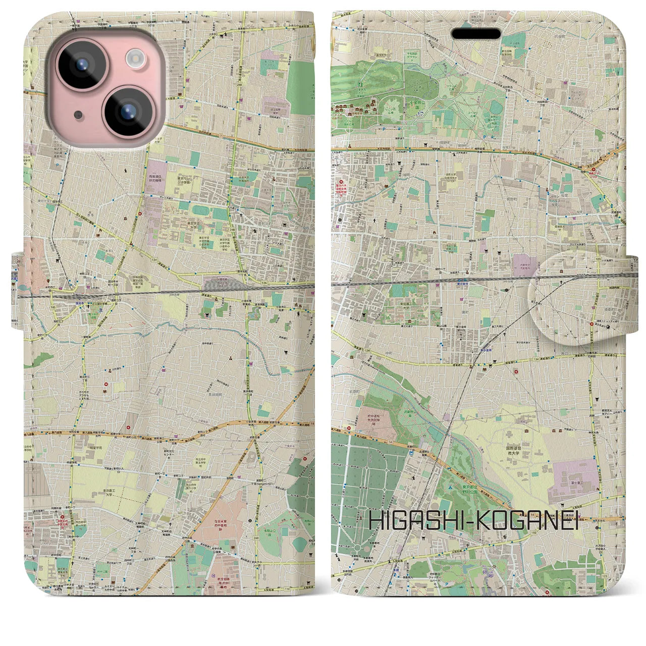 【東小金井】地図柄iPhoneケース（手帳両面タイプ・ナチュラル）iPhone 15 Plus 用