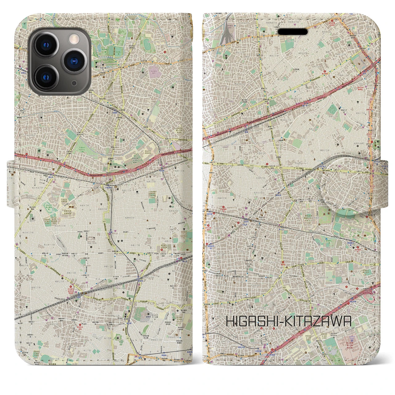 【東北沢】地図柄iPhoneケース（手帳両面タイプ・ナチュラル）iPhone 11 Pro Max 用