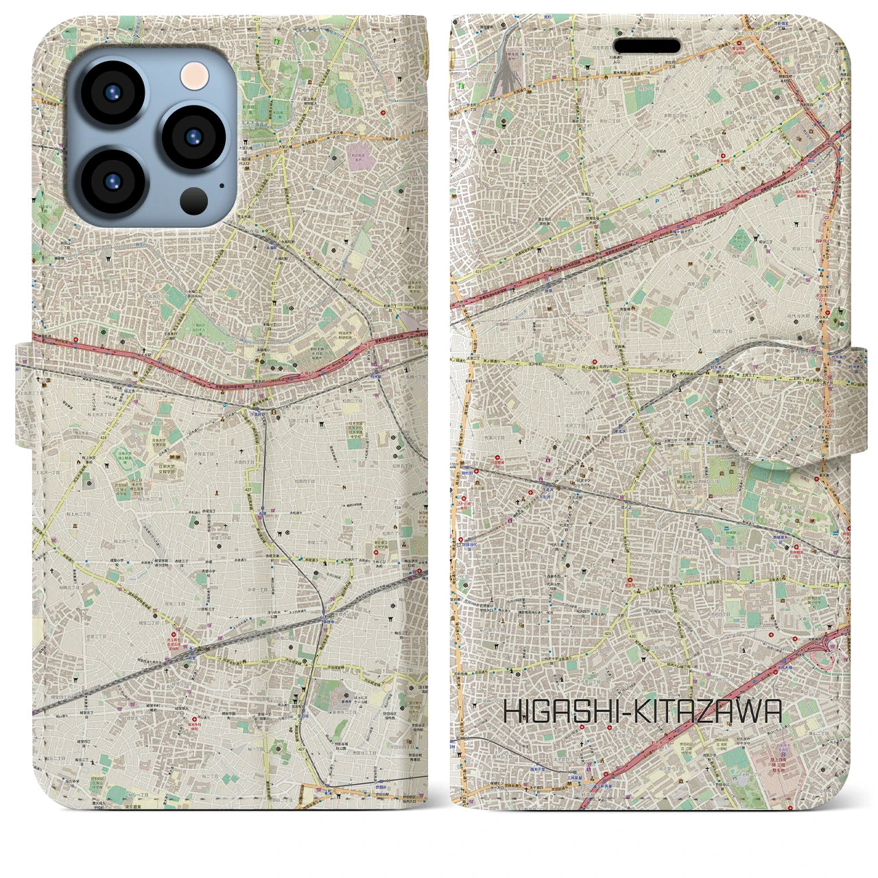 【東北沢】地図柄iPhoneケース（手帳両面タイプ・ナチュラル）iPhone 13 Pro Max 用