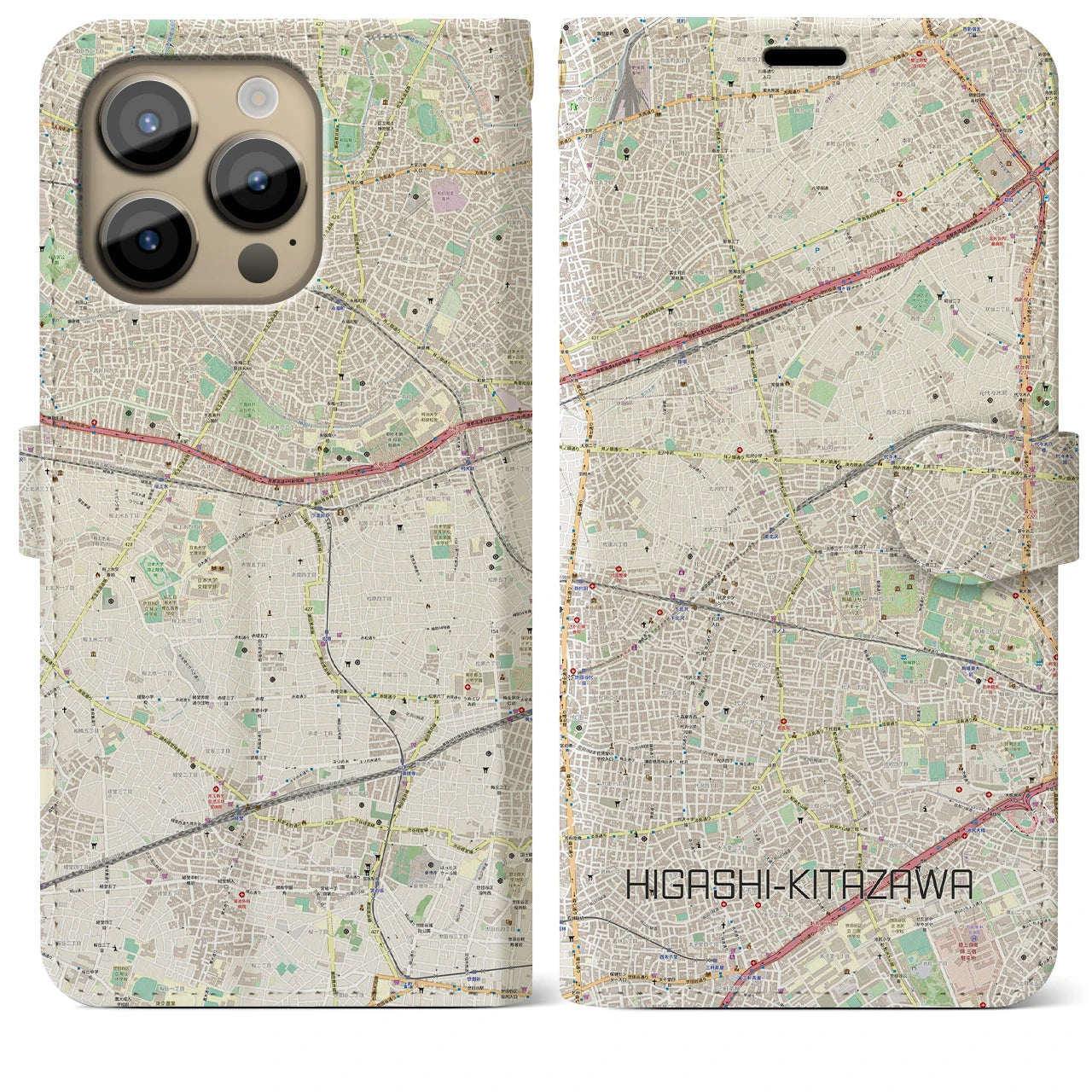 【東北沢】地図柄iPhoneケース（手帳両面タイプ・ナチュラル）iPhone 14 Pro Max 用