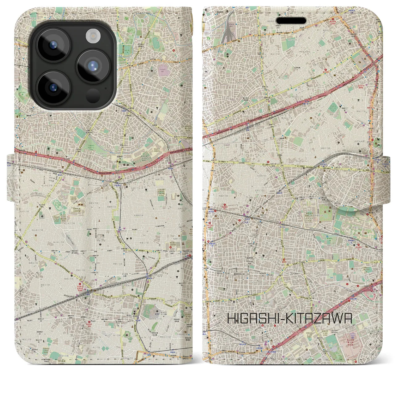 【東北沢】地図柄iPhoneケース（手帳両面タイプ・ナチュラル）iPhone 15 Pro Max 用