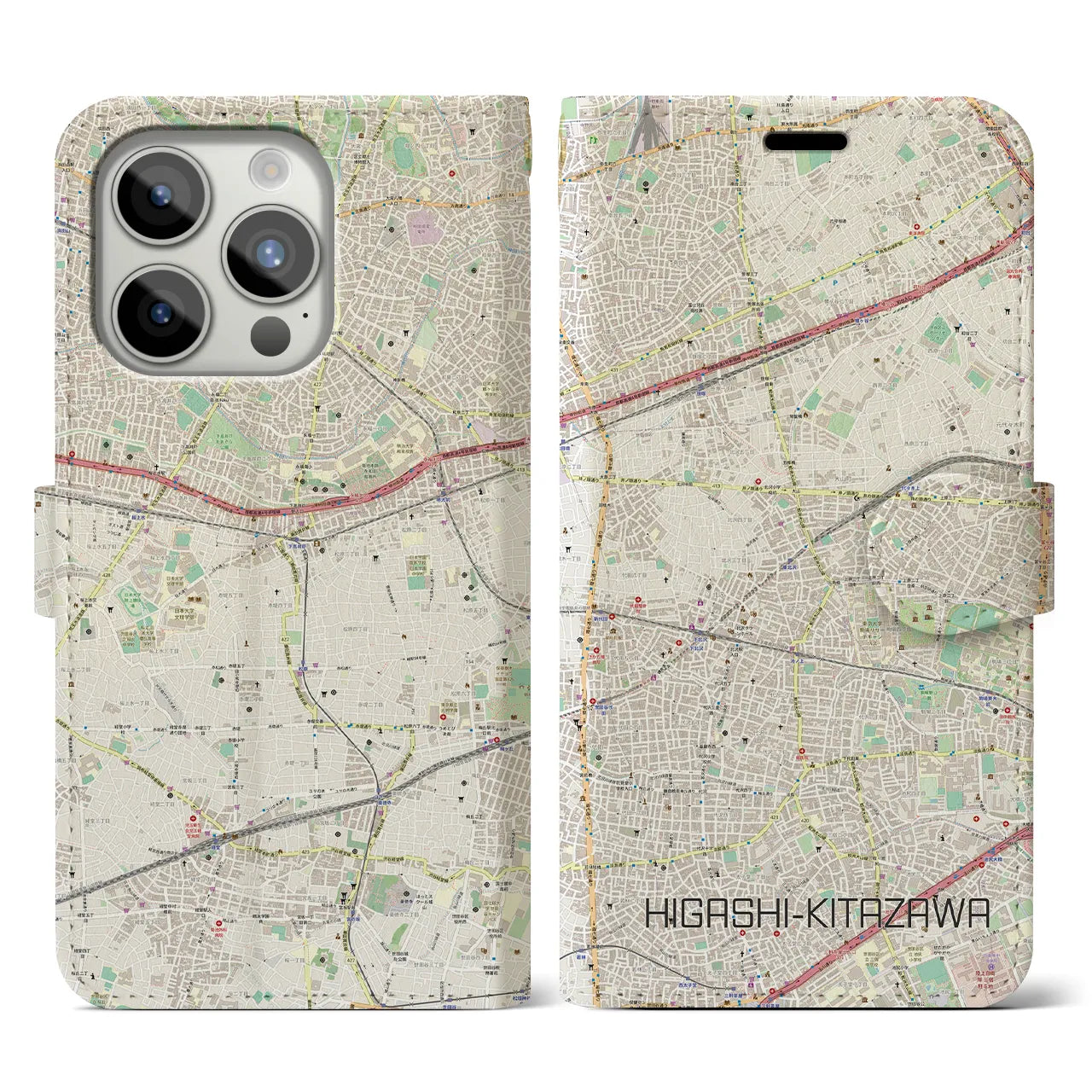 【東北沢】地図柄iPhoneケース（手帳両面タイプ・ナチュラル）iPhone 15 Pro 用