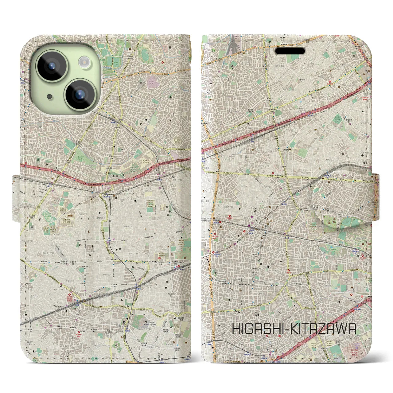 【東北沢】地図柄iPhoneケース（手帳両面タイプ・ナチュラル）iPhone 15 用