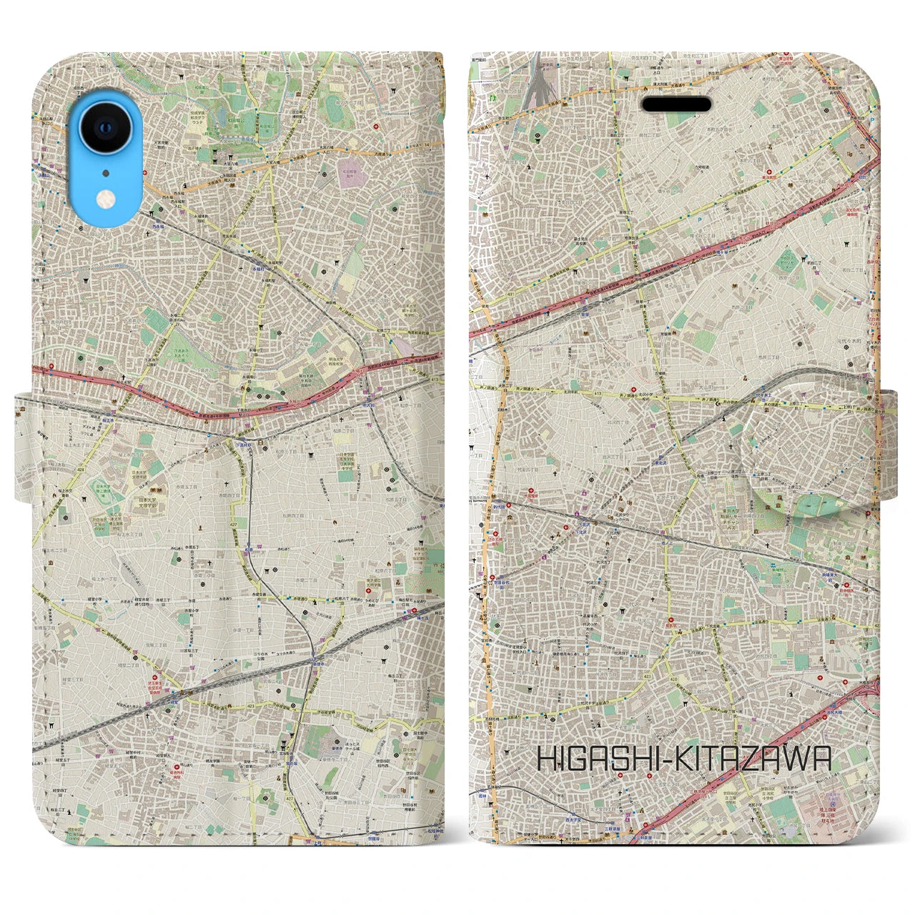 【東北沢】地図柄iPhoneケース（手帳両面タイプ・ナチュラル）iPhone XR 用