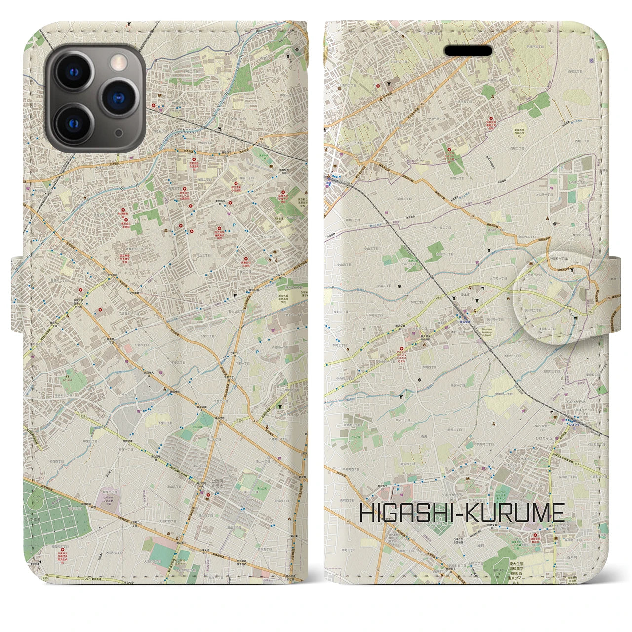 【東久留米】地図柄iPhoneケース（手帳両面タイプ・ナチュラル）iPhone 11 Pro Max 用