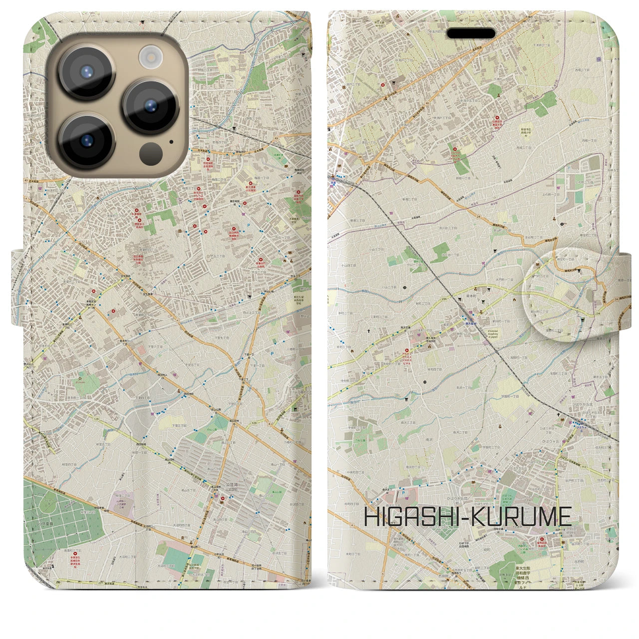 【東久留米】地図柄iPhoneケース（手帳両面タイプ・ナチュラル）iPhone 14 Pro Max 用