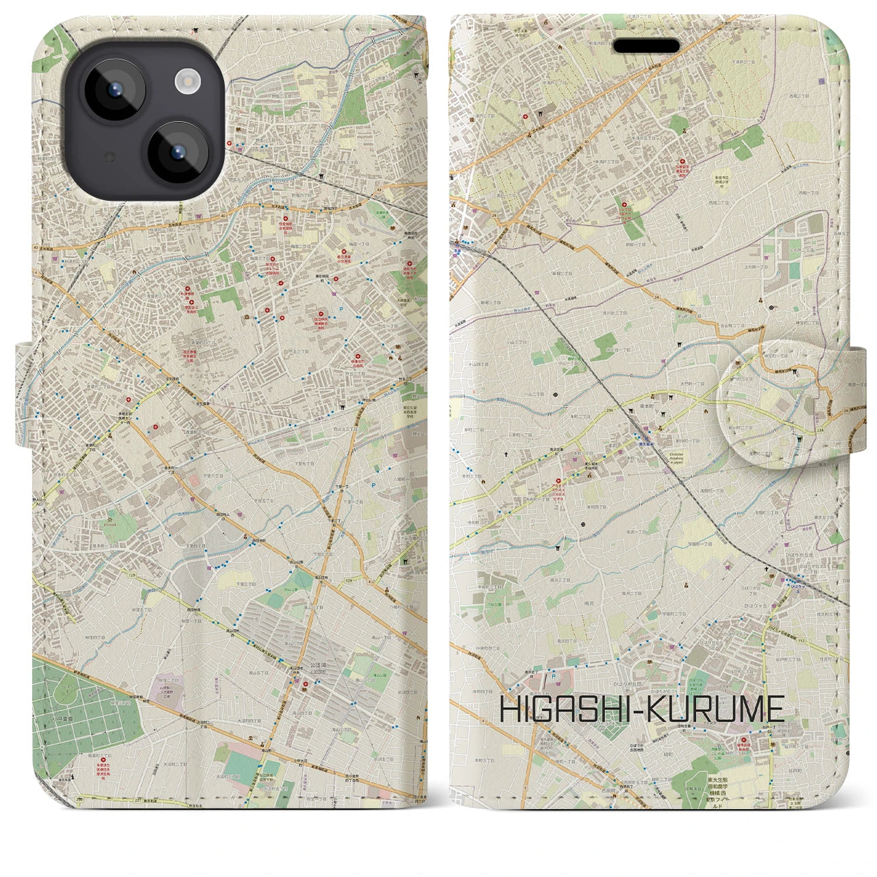 【東久留米】地図柄iPhoneケース（手帳両面タイプ・ナチュラル）iPhone 14 Plus 用