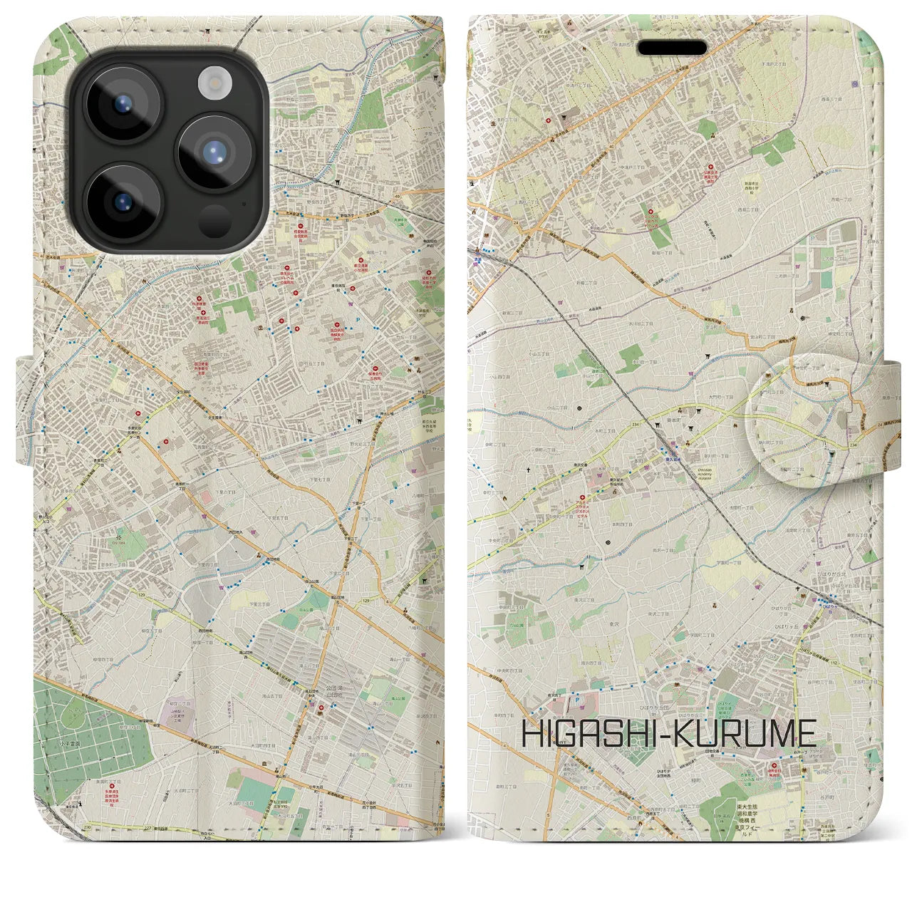 【東久留米】地図柄iPhoneケース（手帳両面タイプ・ナチュラル）iPhone 15 Pro Max 用