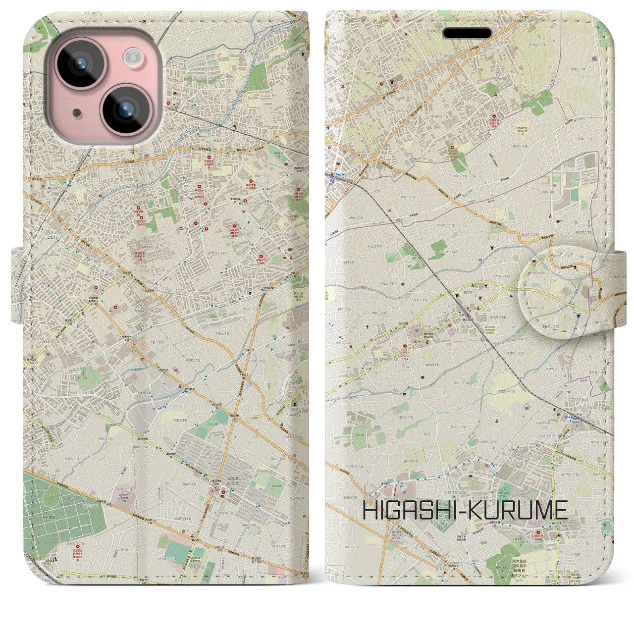 【東久留米】地図柄iPhoneケース（手帳両面タイプ・ナチュラル）iPhone 15 Plus 用