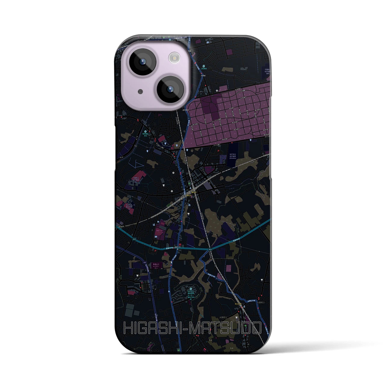 【東松戸】地図柄iPhoneケース（バックカバータイプ・ブラック）iPhone 14 用