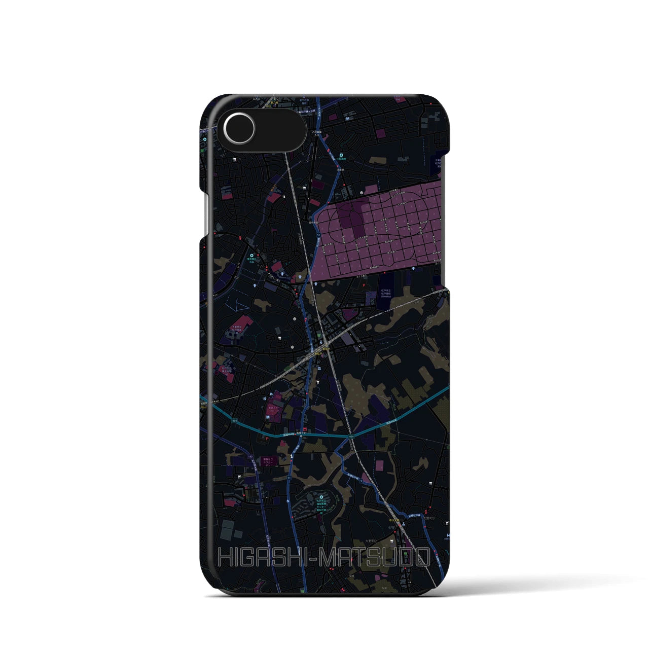 【東松戸】地図柄iPhoneケース（バックカバータイプ・ブラック）iPhone SE（第3 / 第2世代） / 8 / 7 / 6s / 6 用