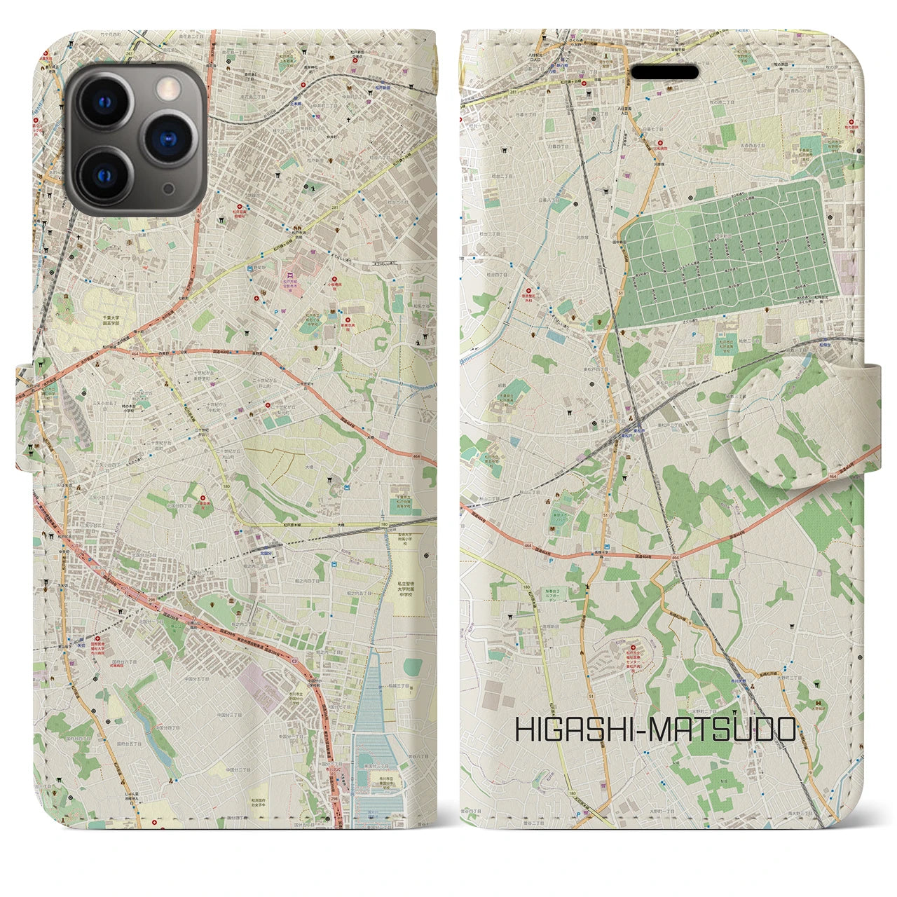 【東松戸】地図柄iPhoneケース（手帳両面タイプ・ナチュラル）iPhone 11 Pro Max 用