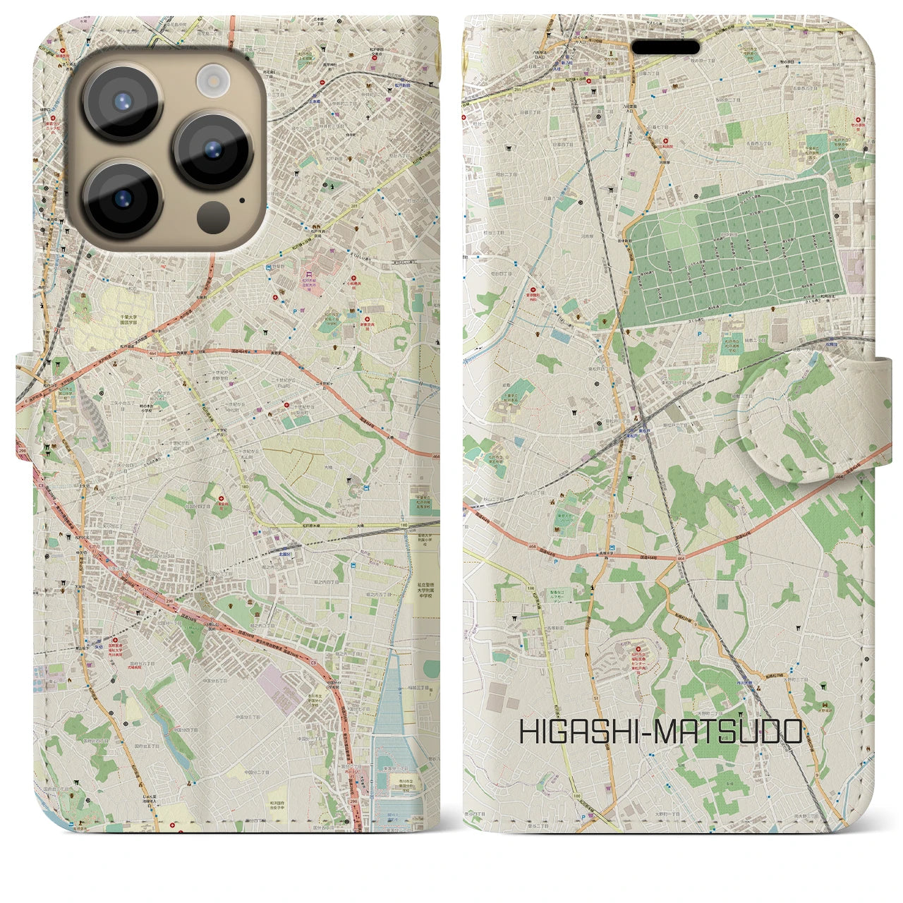 【東松戸】地図柄iPhoneケース（手帳両面タイプ・ナチュラル）iPhone 14 Pro Max 用