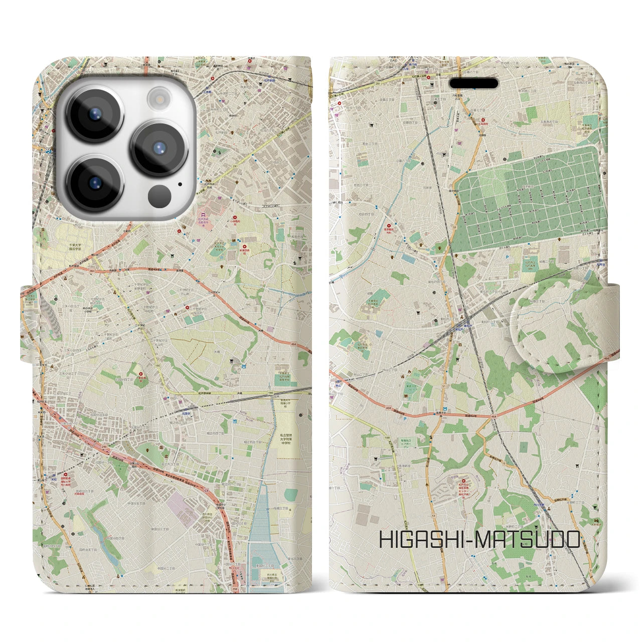 【東松戸】地図柄iPhoneケース（手帳両面タイプ・ナチュラル）iPhone 14 Pro 用