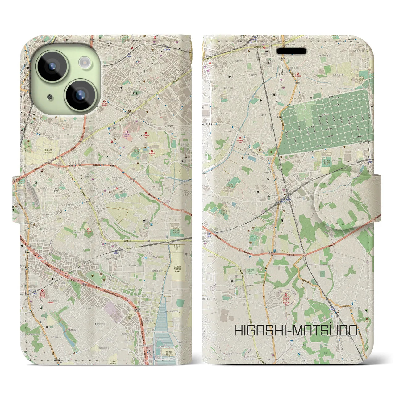 【東松戸】地図柄iPhoneケース（手帳両面タイプ・ナチュラル）iPhone 15 用