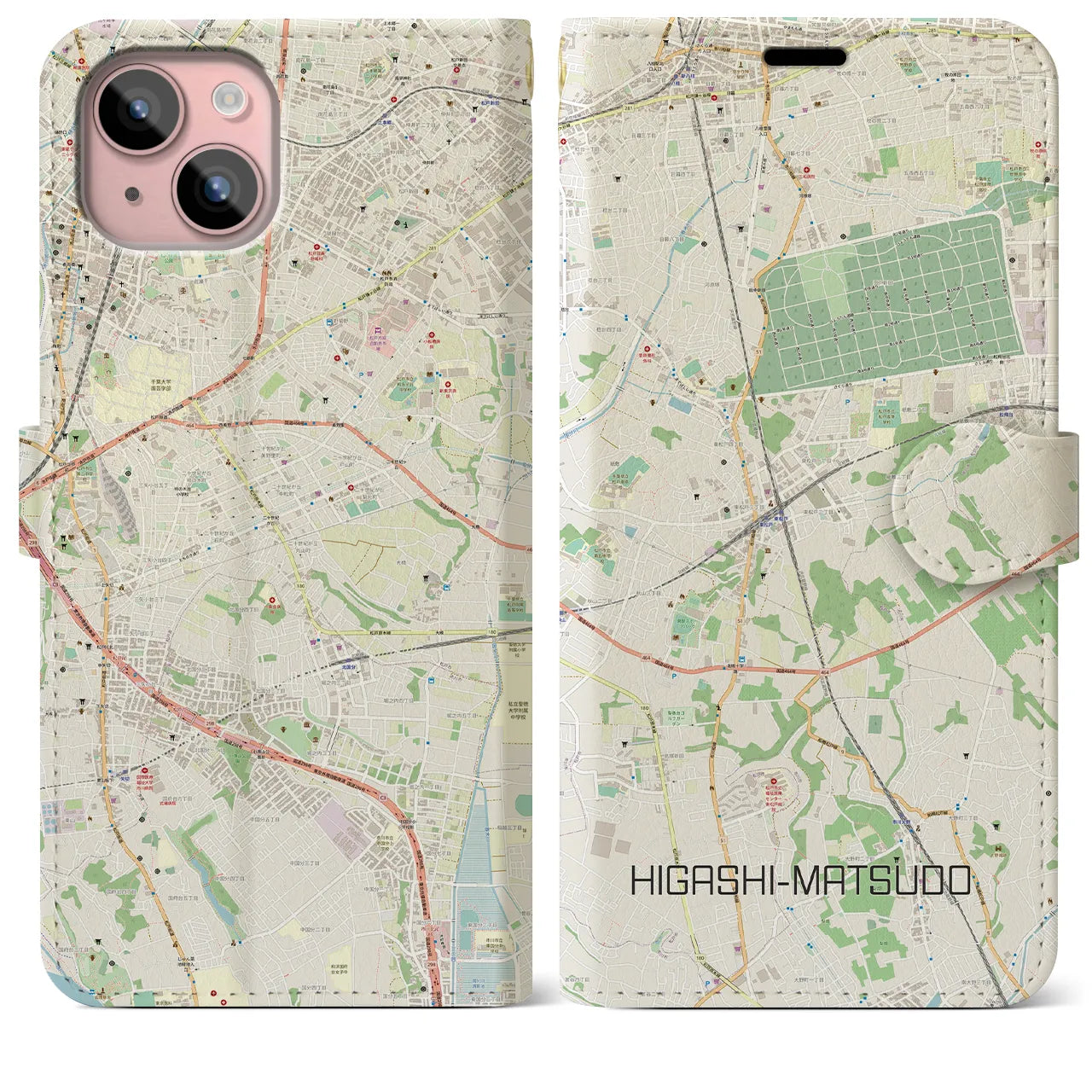 【東松戸】地図柄iPhoneケース（手帳両面タイプ・ナチュラル）iPhone 15 Plus 用