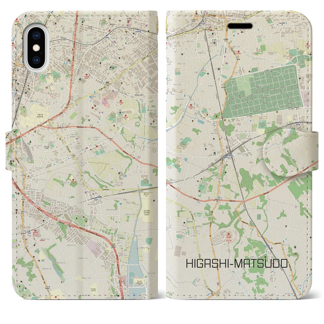 【東松戸】地図柄iPhoneケース（手帳両面タイプ・ナチュラル）iPhone XS Max 用
