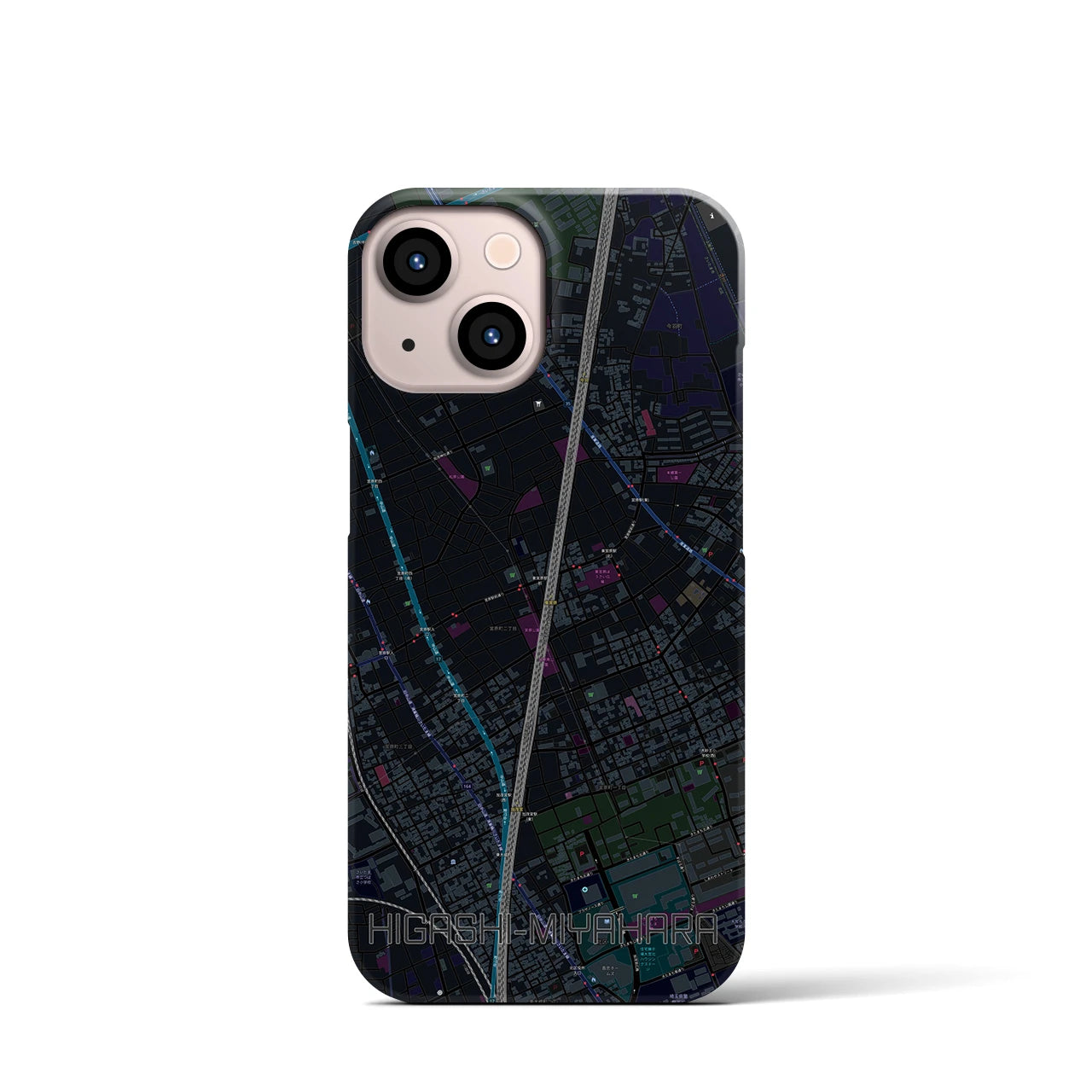 【東宮原】地図柄iPhoneケース（バックカバータイプ・ブラック）iPhone 13 mini 用
