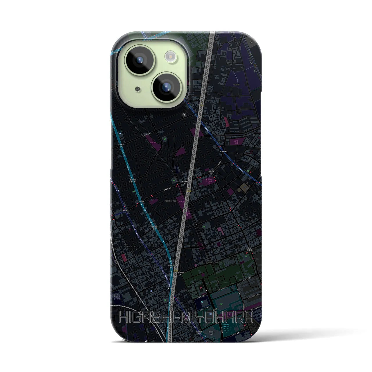 【東宮原】地図柄iPhoneケース（バックカバータイプ・ブラック）iPhone 15 用