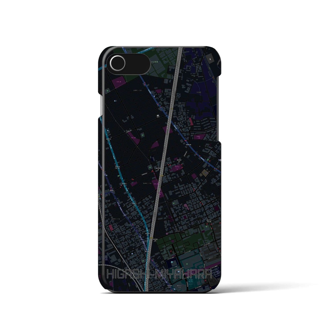 【東宮原】地図柄iPhoneケース（バックカバータイプ・ブラック）iPhone SE（第3 / 第2世代） / 8 / 7 / 6s / 6 用