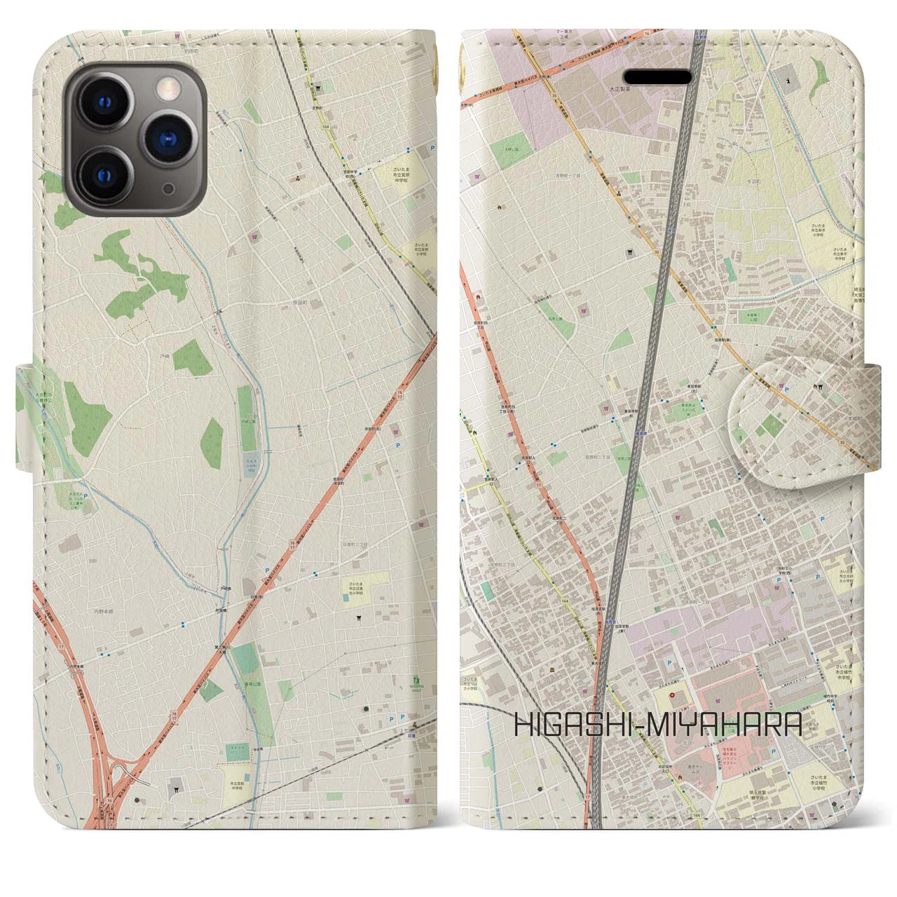 【東宮原】地図柄iPhoneケース（手帳両面タイプ・ナチュラル）iPhone 11 Pro Max 用