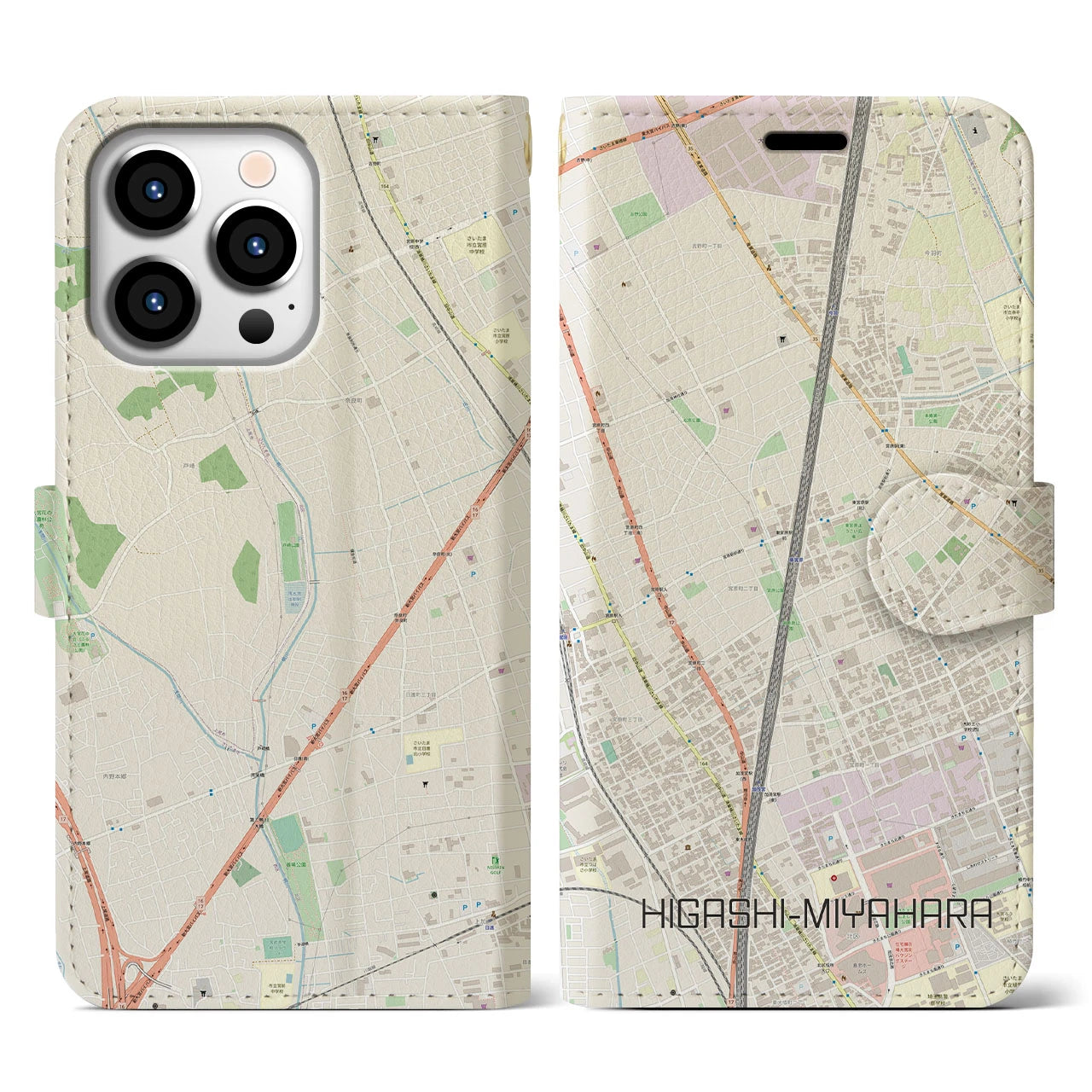 【東宮原】地図柄iPhoneケース（手帳両面タイプ・ナチュラル）iPhone 13 Pro 用