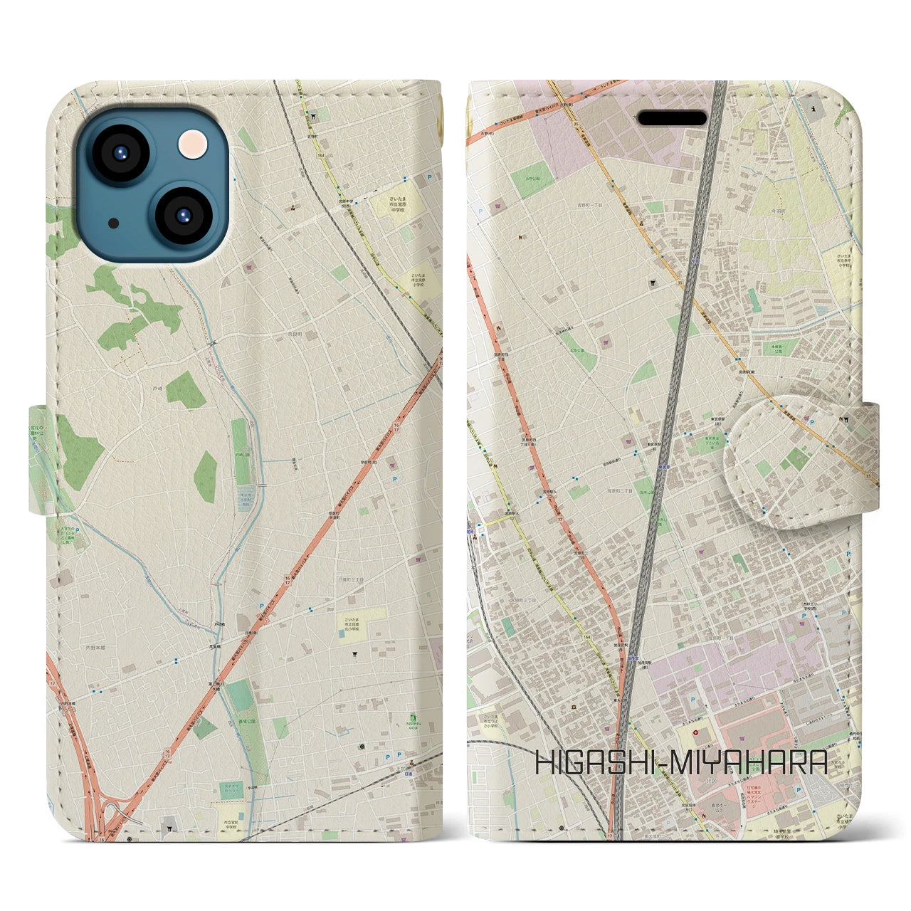 【東宮原】地図柄iPhoneケース（手帳両面タイプ・ナチュラル）iPhone 13 用
