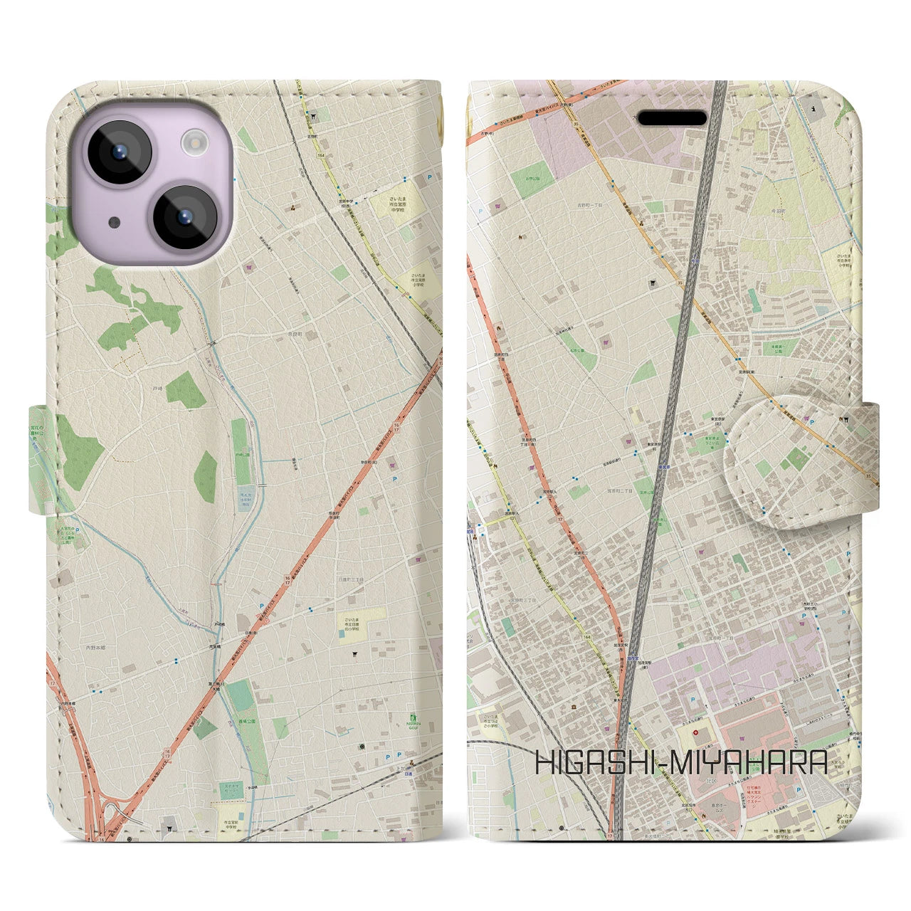 【東宮原】地図柄iPhoneケース（手帳両面タイプ・ナチュラル）iPhone 14 用