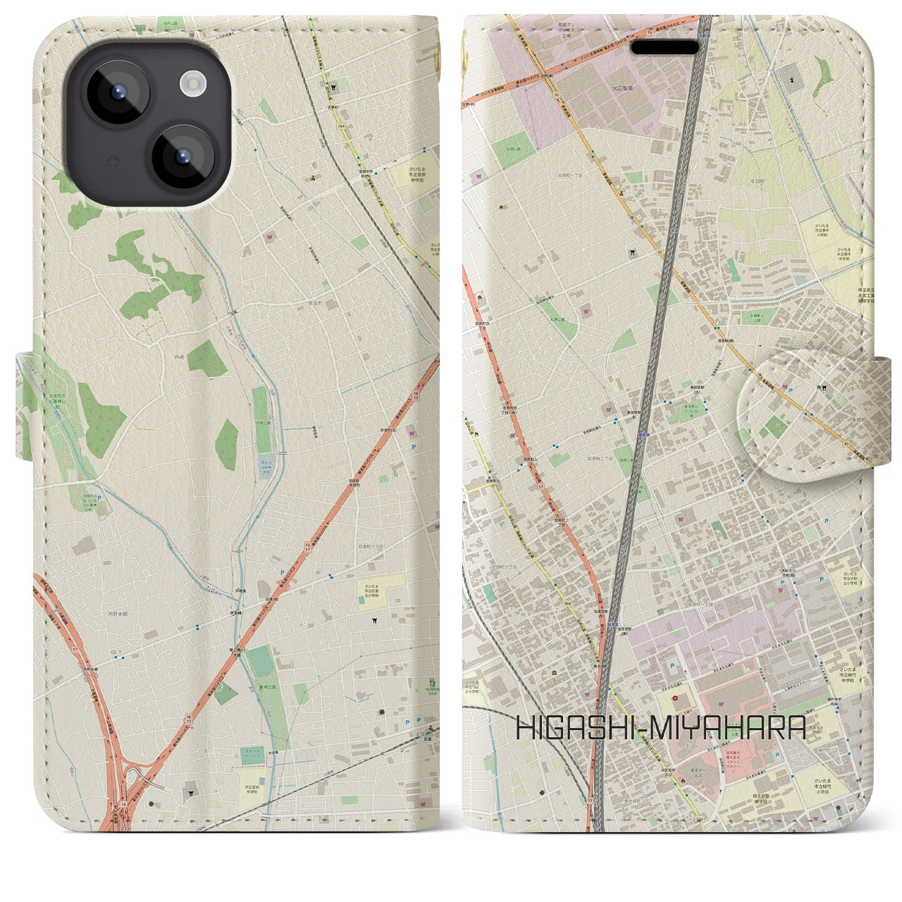 【東宮原】地図柄iPhoneケース（手帳両面タイプ・ナチュラル）iPhone 14 Plus 用