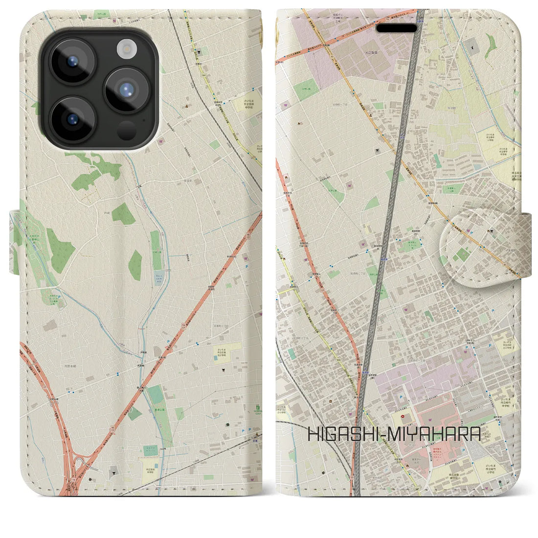 【東宮原】地図柄iPhoneケース（手帳両面タイプ・ナチュラル）iPhone 15 Pro Max 用