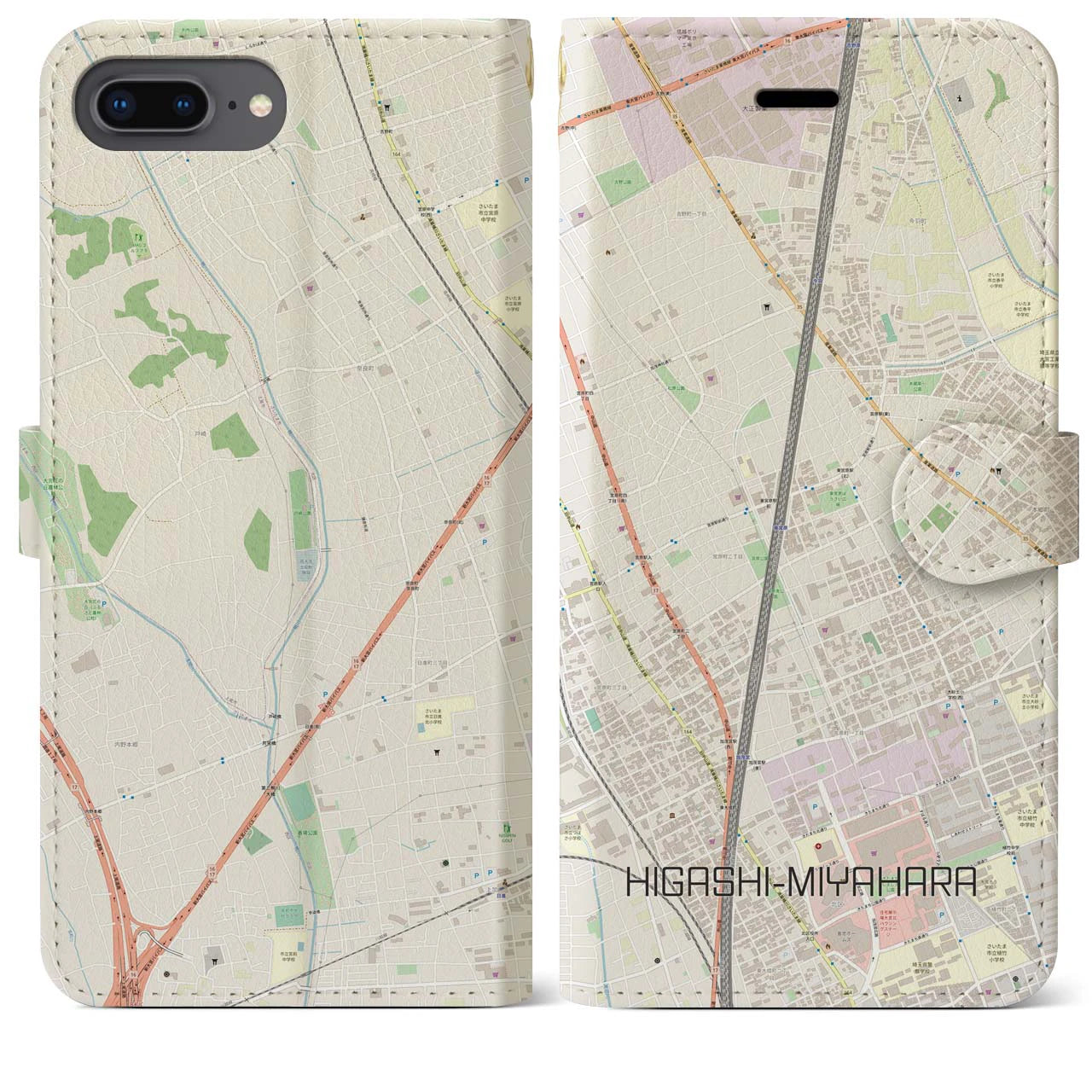 【東宮原】地図柄iPhoneケース（手帳両面タイプ・ナチュラル）iPhone 8Plus /7Plus / 6sPlus / 6Plus 用
