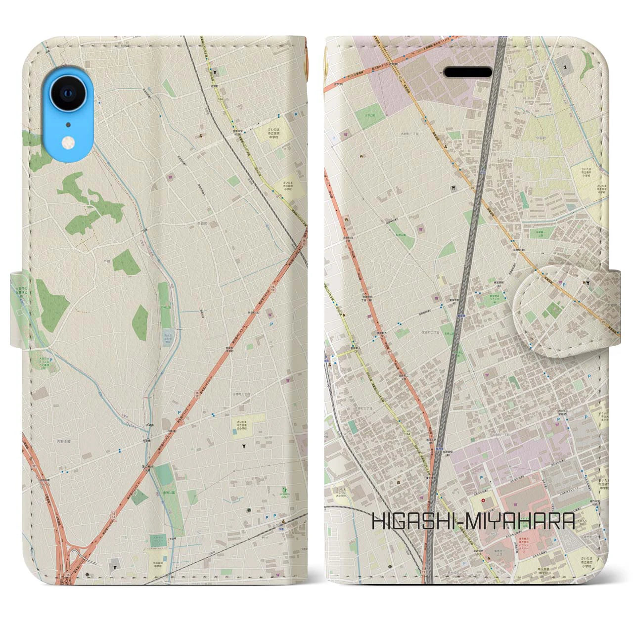 【東宮原】地図柄iPhoneケース（手帳両面タイプ・ナチュラル）iPhone XR 用