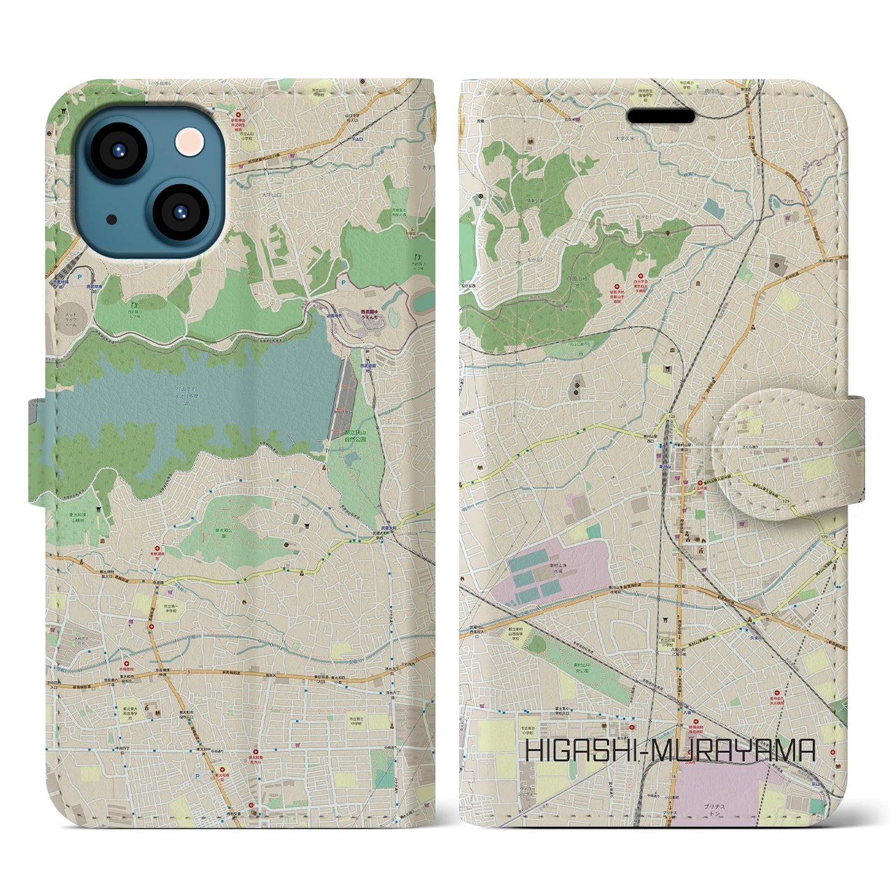 【東村山】地図柄iPhoneケース（手帳両面タイプ・ナチュラル）iPhone 13 用