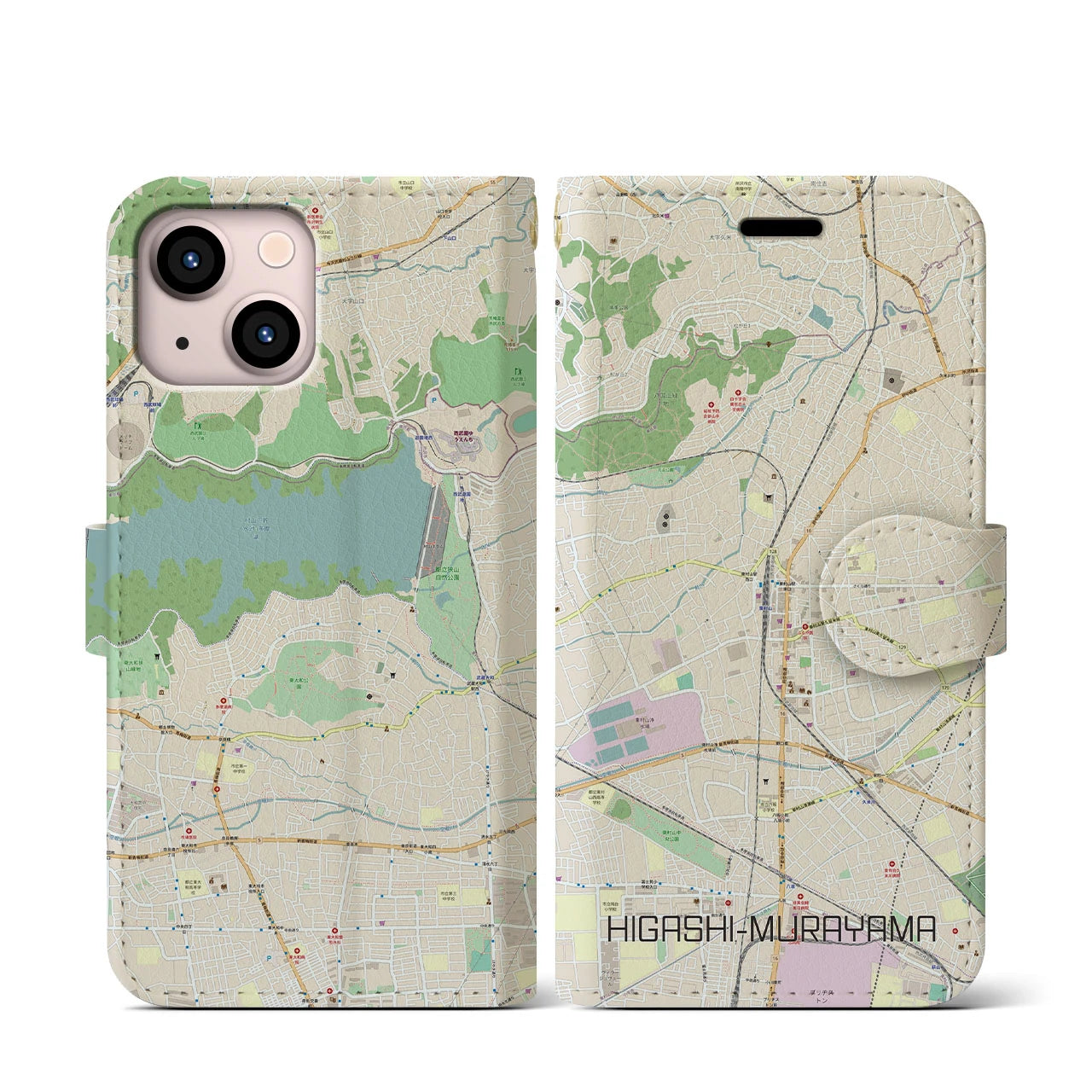 【東村山】地図柄iPhoneケース（手帳両面タイプ・ナチュラル）iPhone 13 mini 用