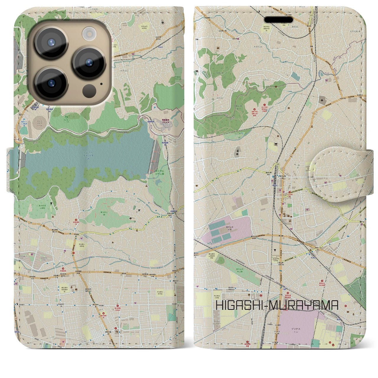 【東村山】地図柄iPhoneケース（手帳両面タイプ・ナチュラル）iPhone 14 Pro Max 用