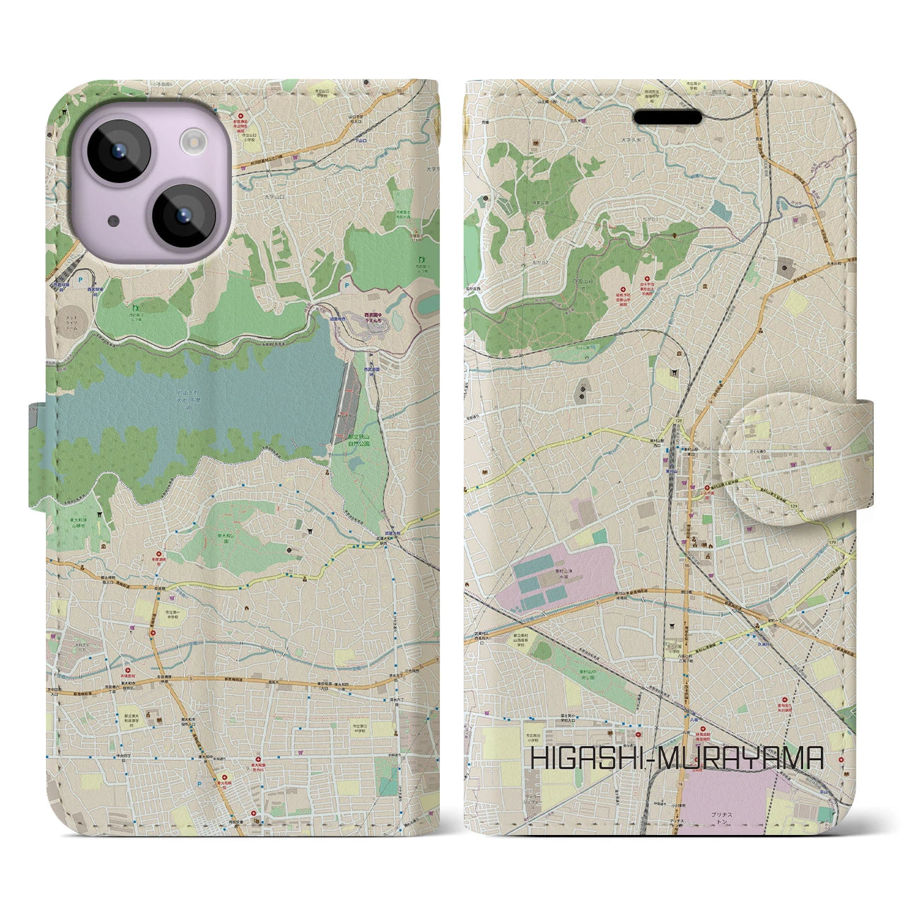 【東村山】地図柄iPhoneケース（手帳両面タイプ・ナチュラル）iPhone 14 用