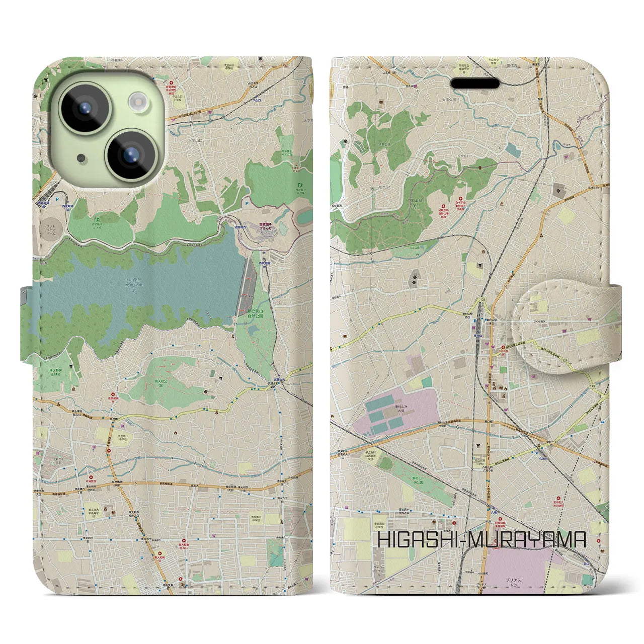 【東村山】地図柄iPhoneケース（手帳両面タイプ・ナチュラル）iPhone 15 用