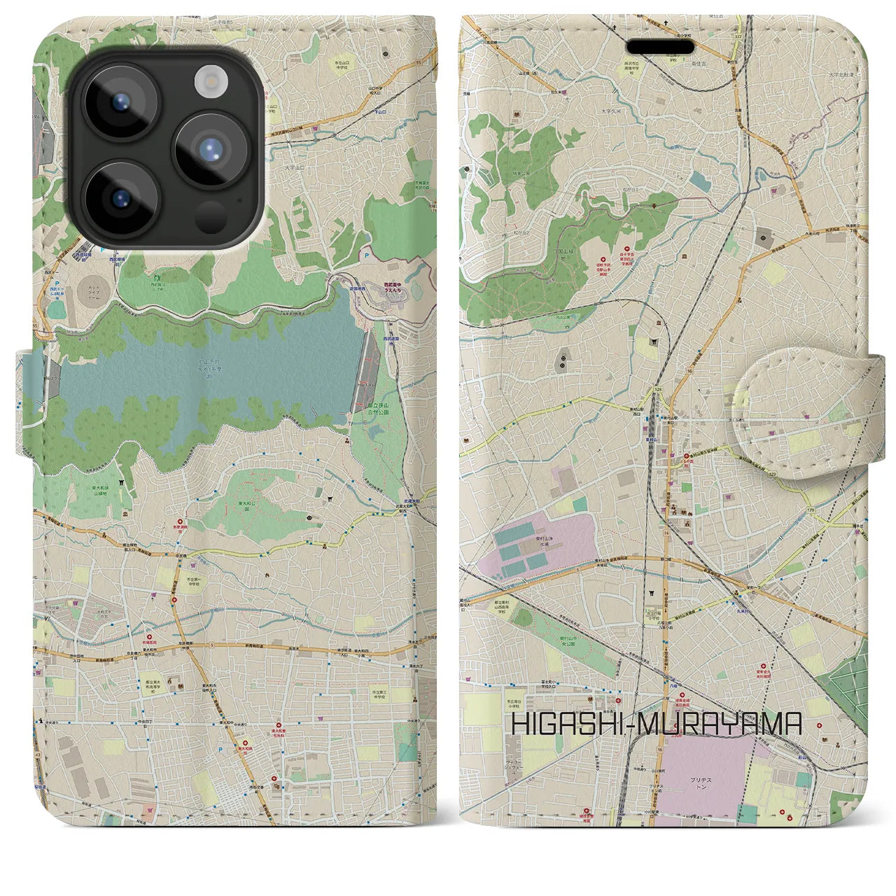 【東村山】地図柄iPhoneケース（手帳両面タイプ・ナチュラル）iPhone 15 Pro Max 用