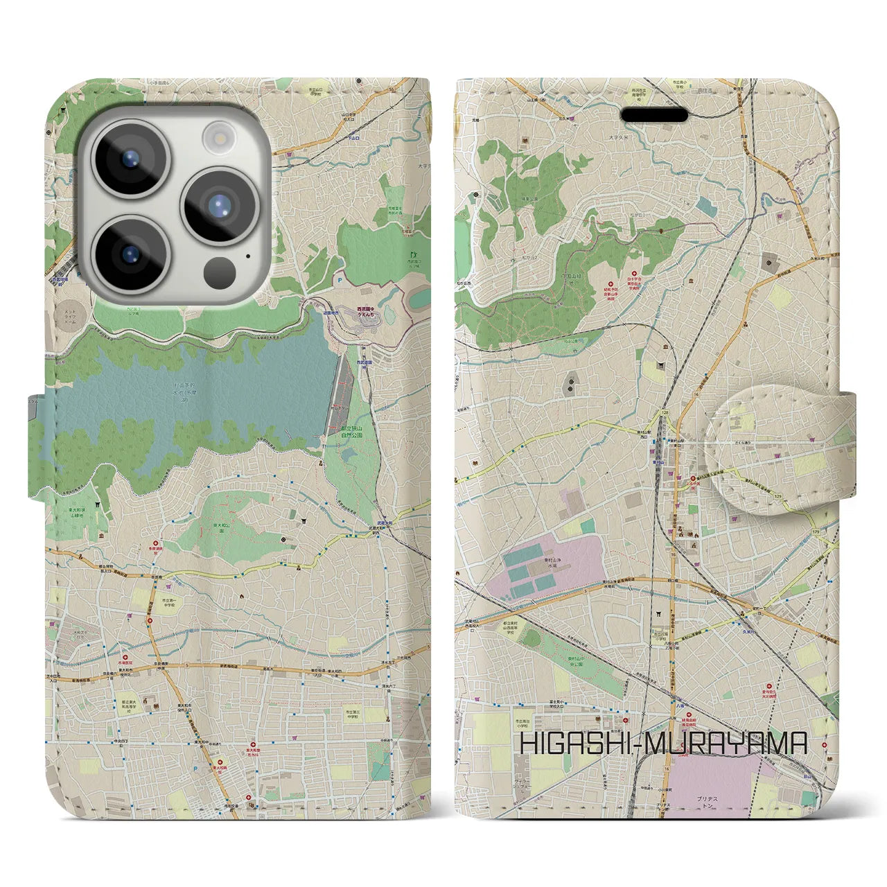 【東村山】地図柄iPhoneケース（手帳両面タイプ・ナチュラル）iPhone 15 Pro 用