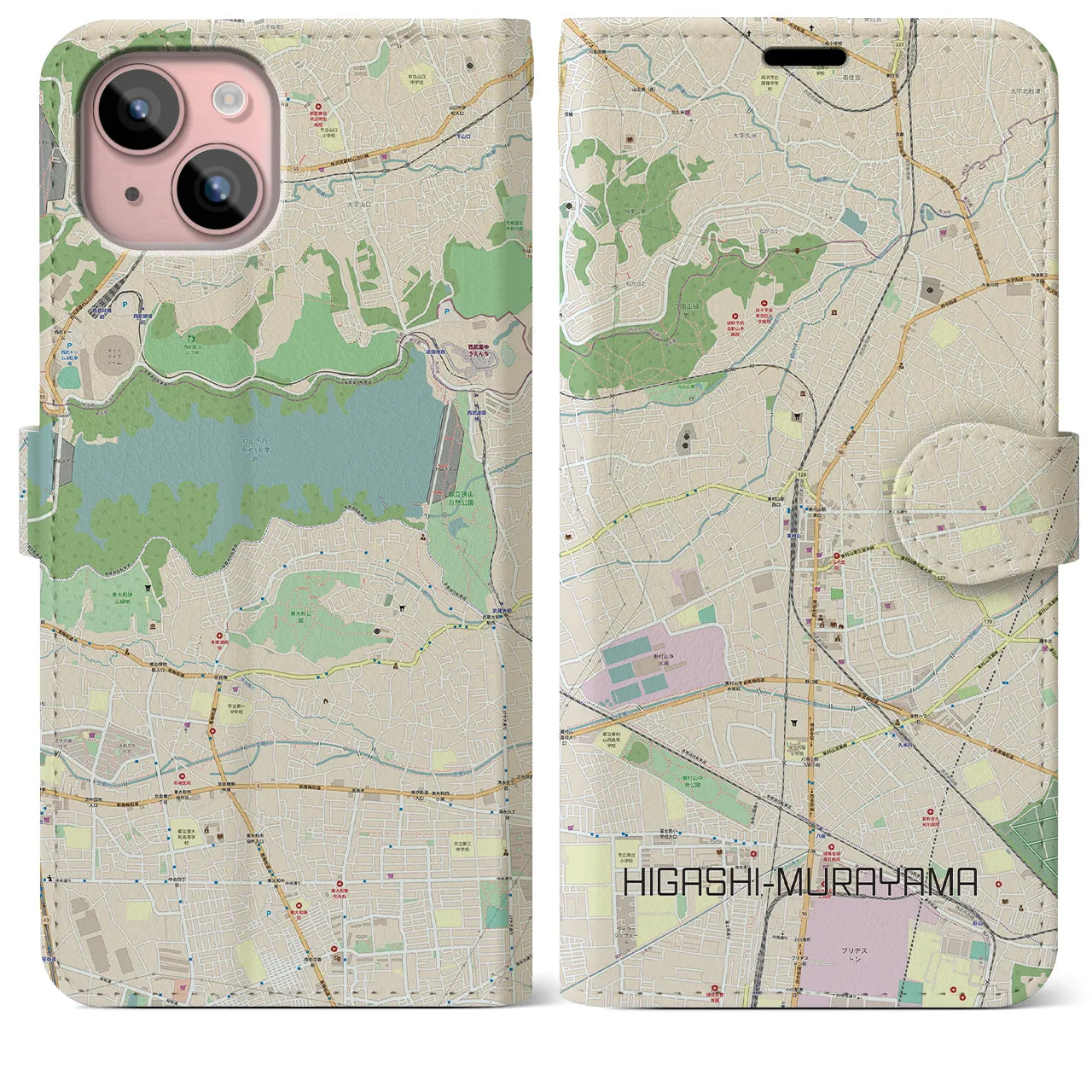 【東村山】地図柄iPhoneケース（手帳両面タイプ・ナチュラル）iPhone 15 Plus 用